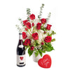 Rose and Hydrangea Vase with Wine, Wine Gift Baskets, Floral Gift Baskets, Mixed Roses Arrangements, Cookie, Wine, Gourmet Gift Baskets, NY Same Day Delivery